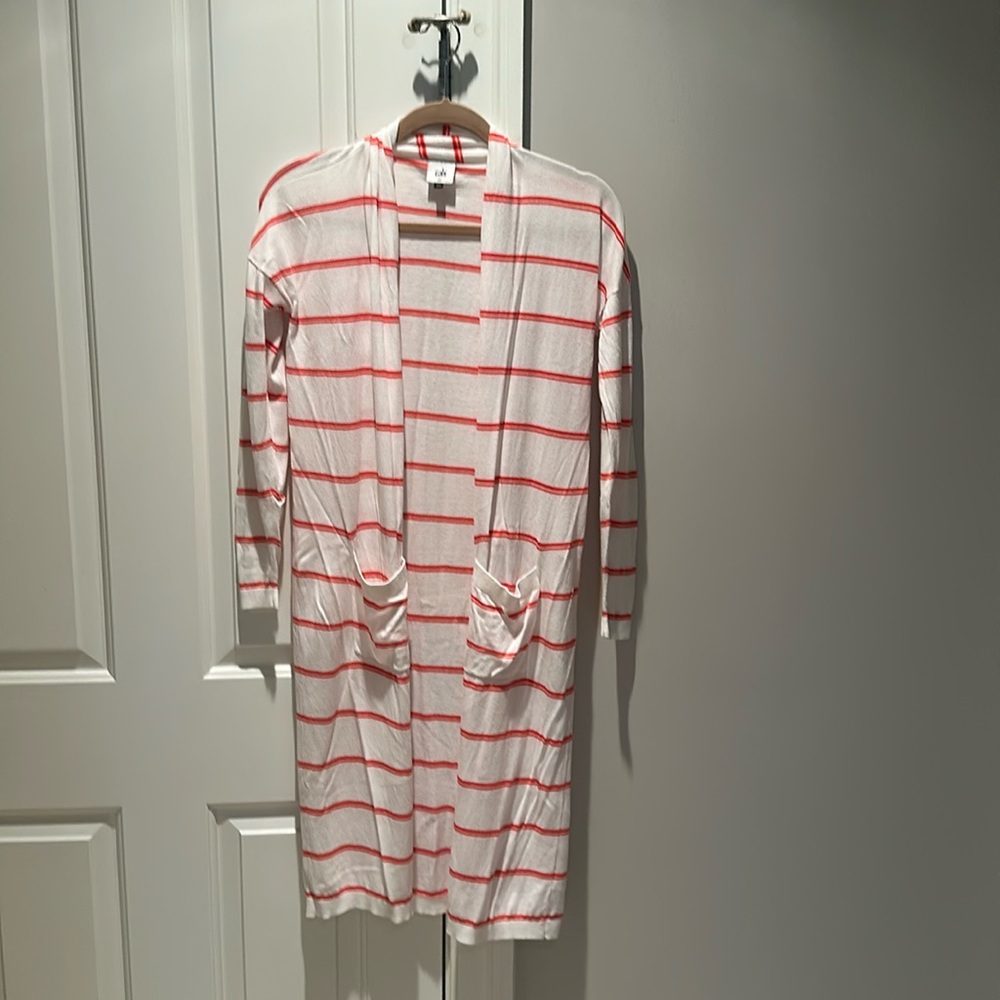 Cabi Women Sweater Medium 5826 Stroll Orange Stripe Open Cardigan Duster Beachy